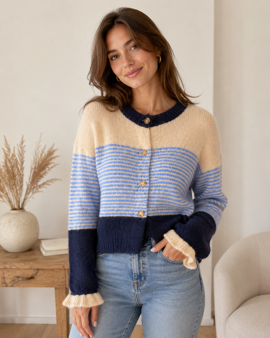 Strickjacke "Nordic Blue" in Creme/Hellblau/Marine