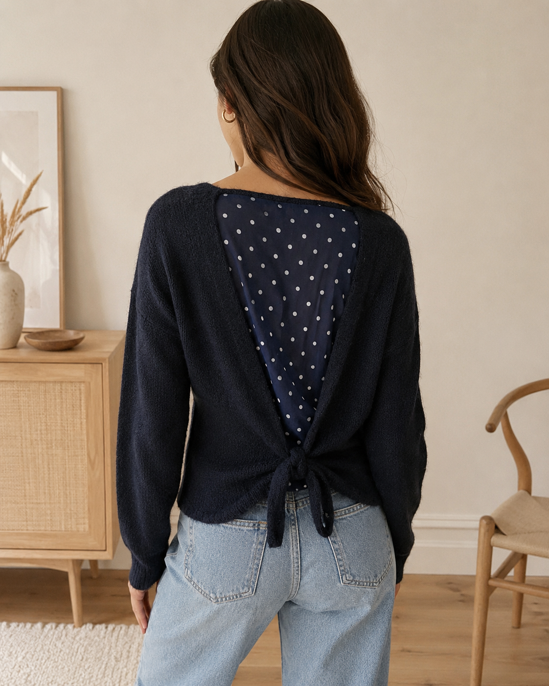 Pullover "Nola" Marineblau mit Punkte-Detail und Rückenknoten