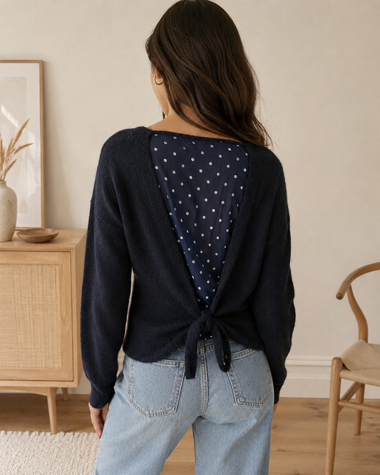 Pullover "Nola" Marineblau mit Punkte-Detail und Rückenknoten
