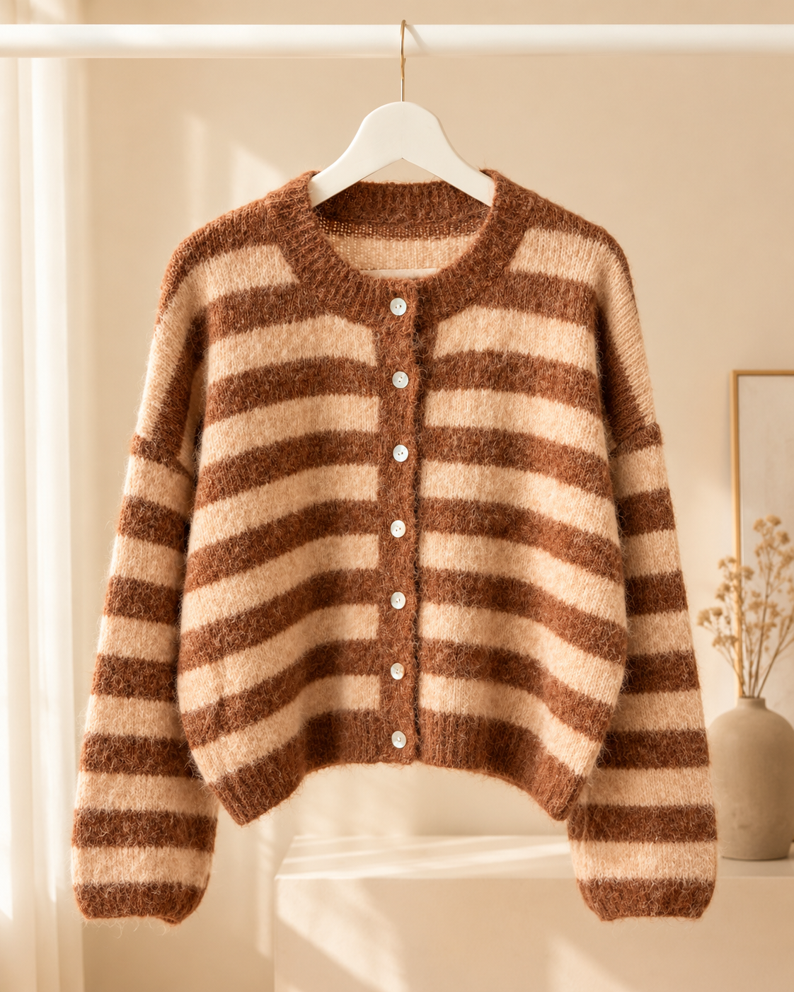 Strickjacke "Mokka" in  Creme/Karamell gestreift