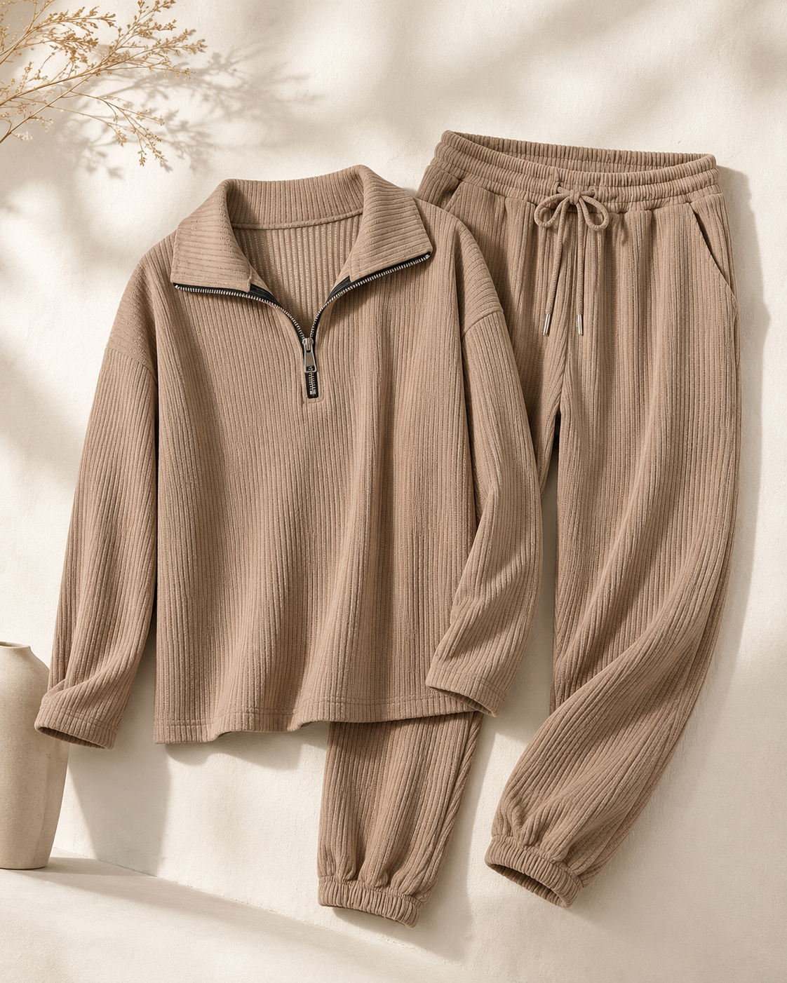 Ripp-Loungewear Set "Mila" in Taupe