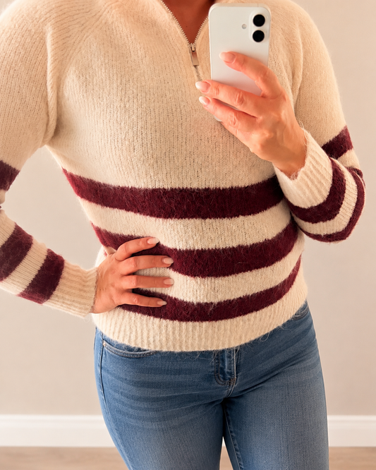 Strickpullover "Bordeaux Lines" - Beige/Bordeaux