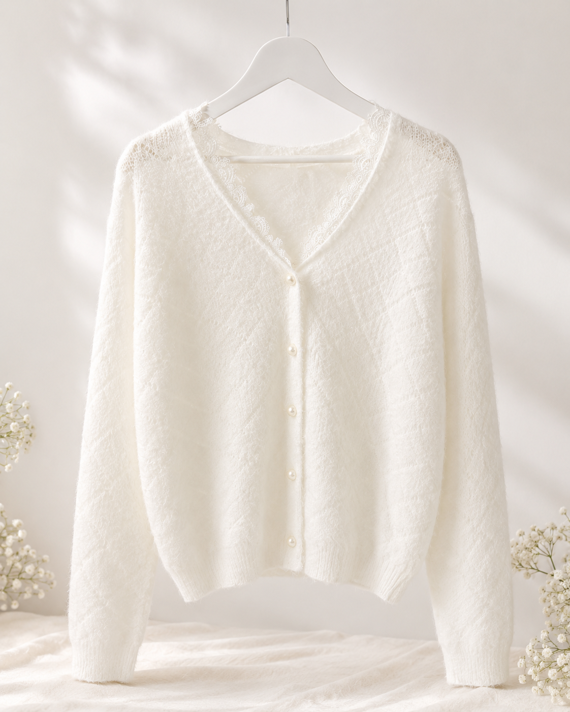 Strickjacke Leonie - Weiß mit Spitze