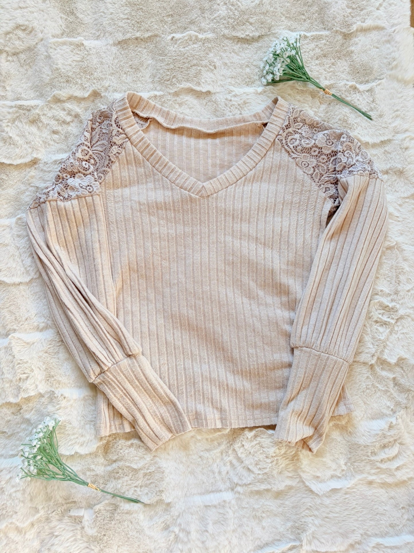 Shein Rippstrick-Shirt mit Spitze in Beige l Gr. L