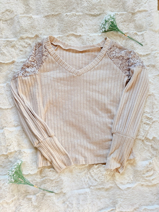 Shein Rippstrick-Shirt mit Spitze in Beige l Gr. L