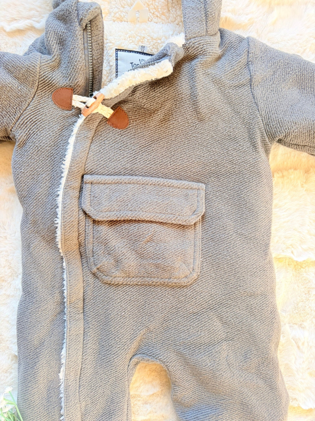 Topomini Baby Overall mit Teddyfutter & Kapuze – Grau | Gr. 68/74