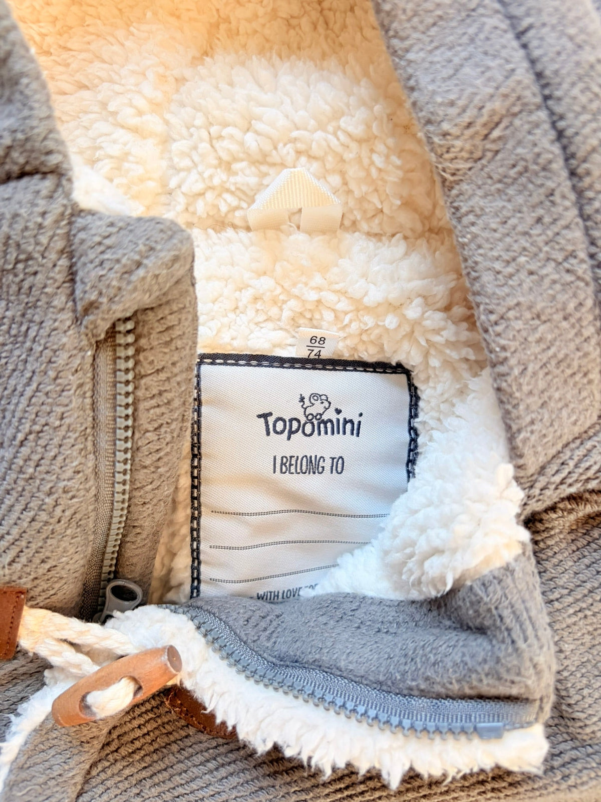 Topomini Baby Overall mit Teddyfutter & Kapuze – Grau | Gr. 68/74