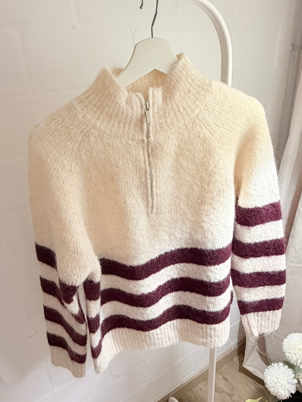 Strickpullover "Bordeaux Lines" - Beige/Bordeaux