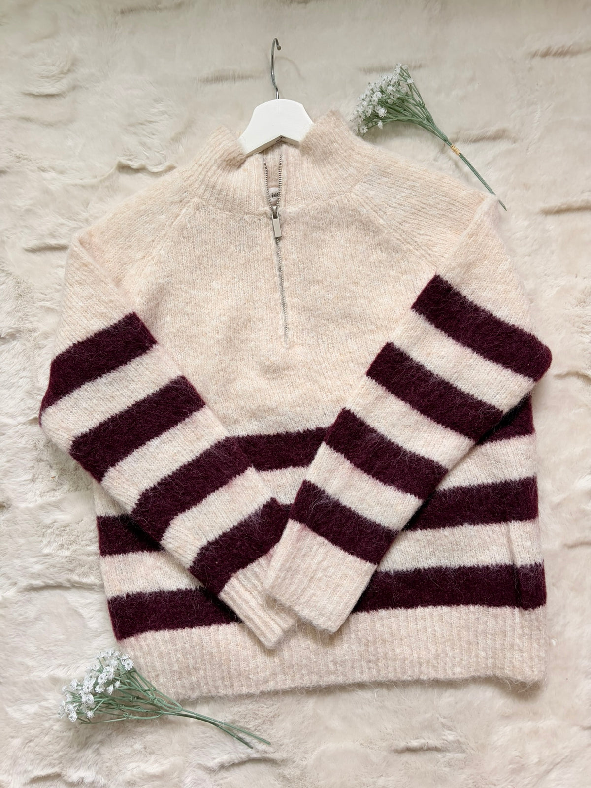 Strickpullover "Bordeaux Lines" - Beige/Bordeaux
